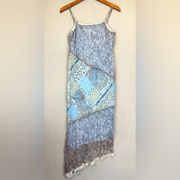 Vtg G-Dresses Y2K Sleeveless Blue Patchwork Maxi Dress Paisley Asymmetric Sz 7 - Picture 1 of 10